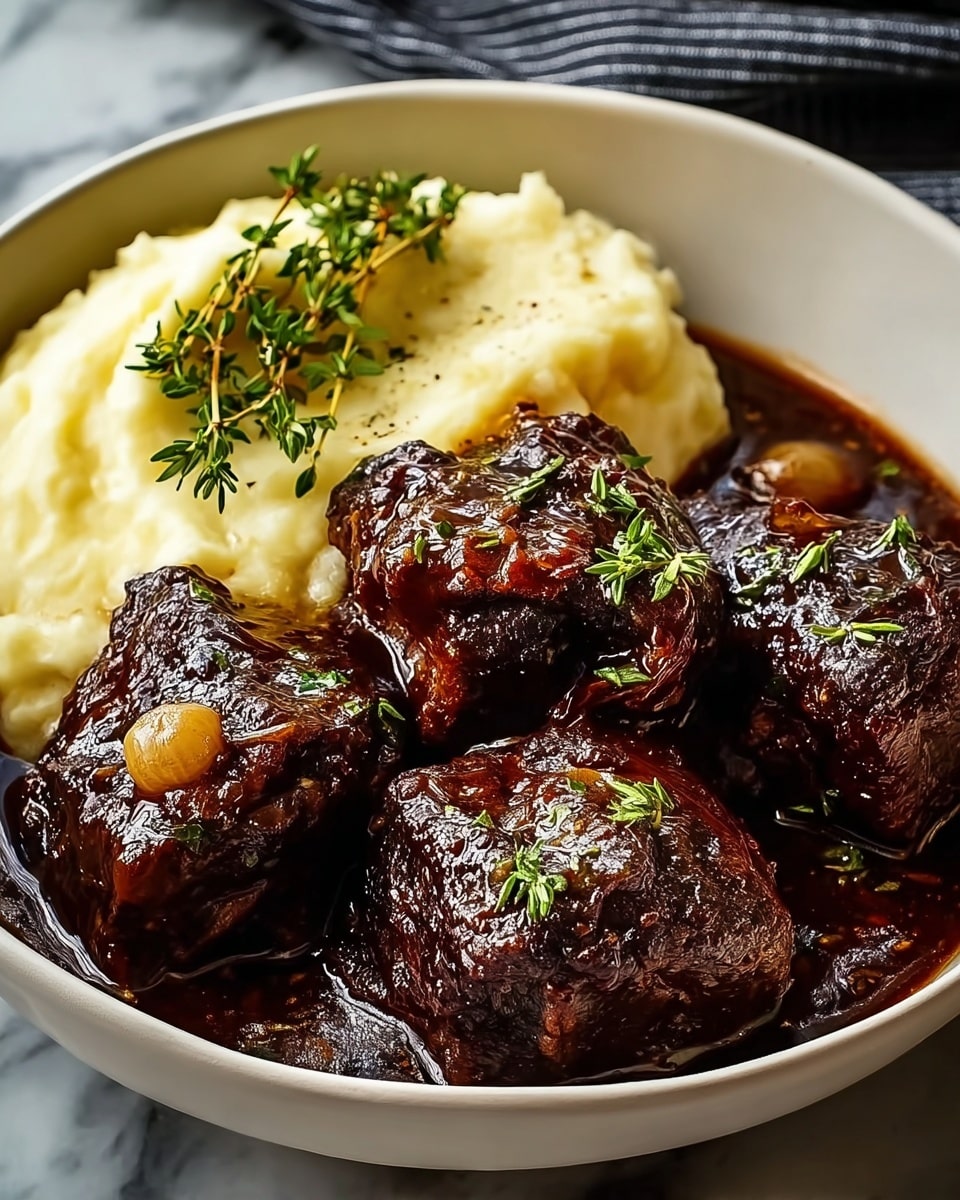 A white bowl holds four large, dark brown braised meat chunks in a rich, glossy sauce with herbs sprinkled on top and a single small golden onion visible among the meat. Behind the meat, a creamy mound of mashed potatoes topped with fresh green thyme stands out, with a light golden crust on part of the mashed potatoes. The overall texture of the meat looks tender and juicy with a shiny finish from the sauce, contrasting with the smooth mashed potatoes and fresh herb garnish. The bowl sits on a white marbled surface with part of a dark striped cloth visible in the background. photo taken with an iphone --ar 4:5 --v 7
