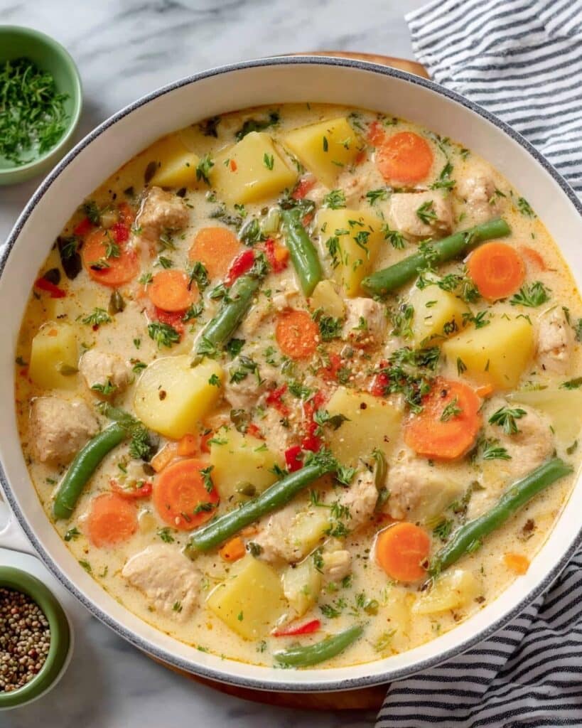 Hearty Chicken Stew with Potatoes, Sweet Potatoes, and Green Beans Recipe