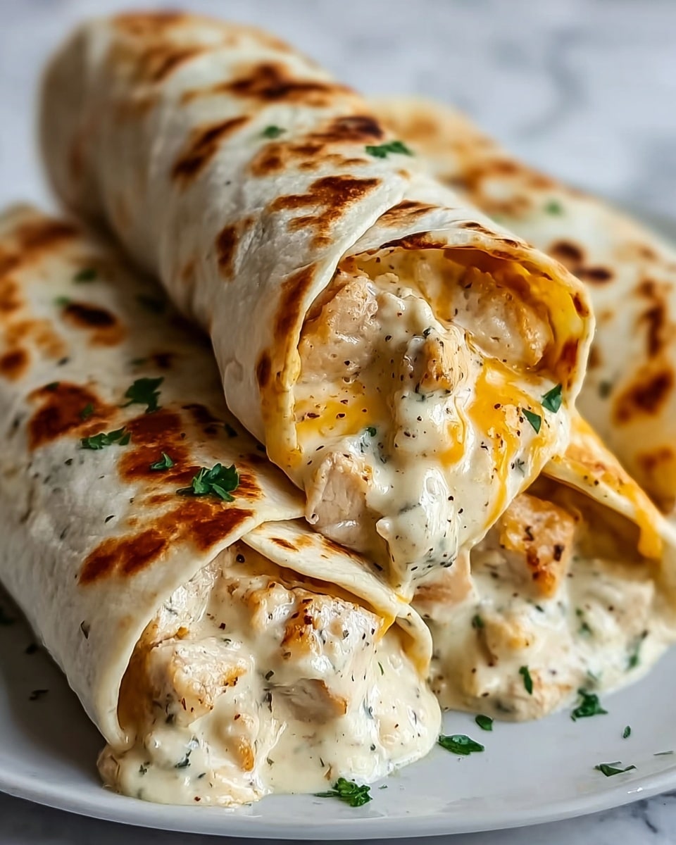 The image shows two rolled tortillas filled with three main layers: the first layer is white chicken pieces with a smooth texture, the second layer is bright, melted yellow cheese oozing out, and the third layer is a creamy white sauce with herbs visible inside and around the filling. The tortillas have light brown grill marks and are sprinkled with small chopped green herbs on top. They rest on a white plate on a white marbled surface, and one tortilla is partly stacked on the other with the filling clearly visible. Photo taken with an iphone --ar 4:5 --v 7