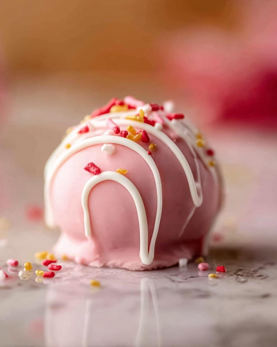 A single purple ball-shaped dessert sits on a textured beige mat on a white marbled surface. The dessert is decorated with thin white icing lines drizzled across the surface in a zigzag pattern. Small heart-shaped and round sprinkles in red, pink, and gold are scattered on top of the icing, adding color contrast and texture. The surface around the dessert has small bits of fallen sprinkles. The background is softly blurred, focusing attention on the dessert. photo taken with an iphone --ar 4:5 --v 7