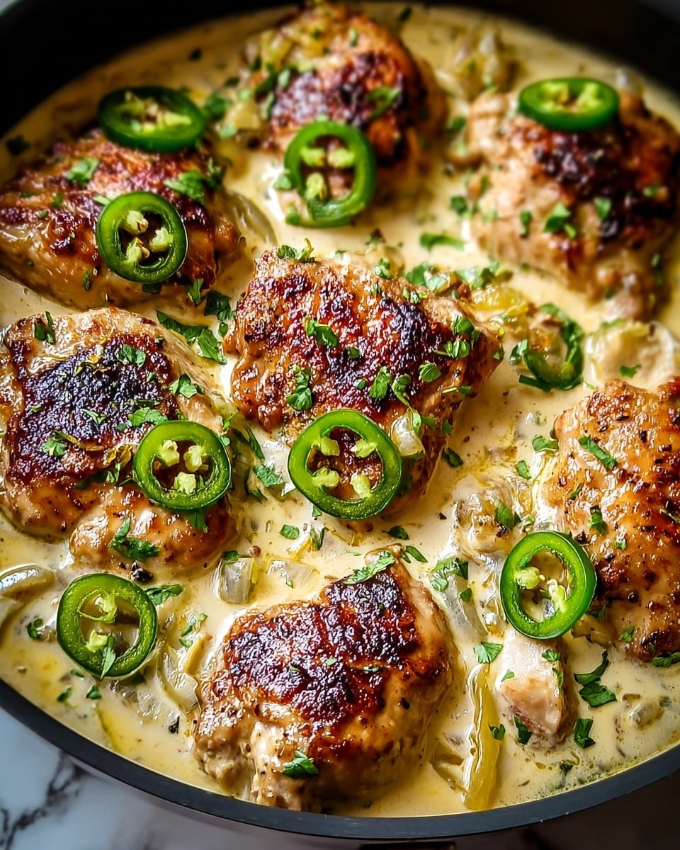 The image shows a close-up of several browned chicken pieces in a creamy sauce inside a black pan. The chicken pieces have a crispy, golden-brown top with some charred spots, sitting on a thick, pale yellow cream sauce. Scattered around the chicken are sliced green jalapeños with seeds visible inside. Small chopped green herbs are sprinkled over the chicken and sauce, adding a pop of color. The sauce has some small chunks, likely onions or garlic, mixed in. The scene is set against a white marbled texture. photo taken with an iphone --ar 4:5 --v 7