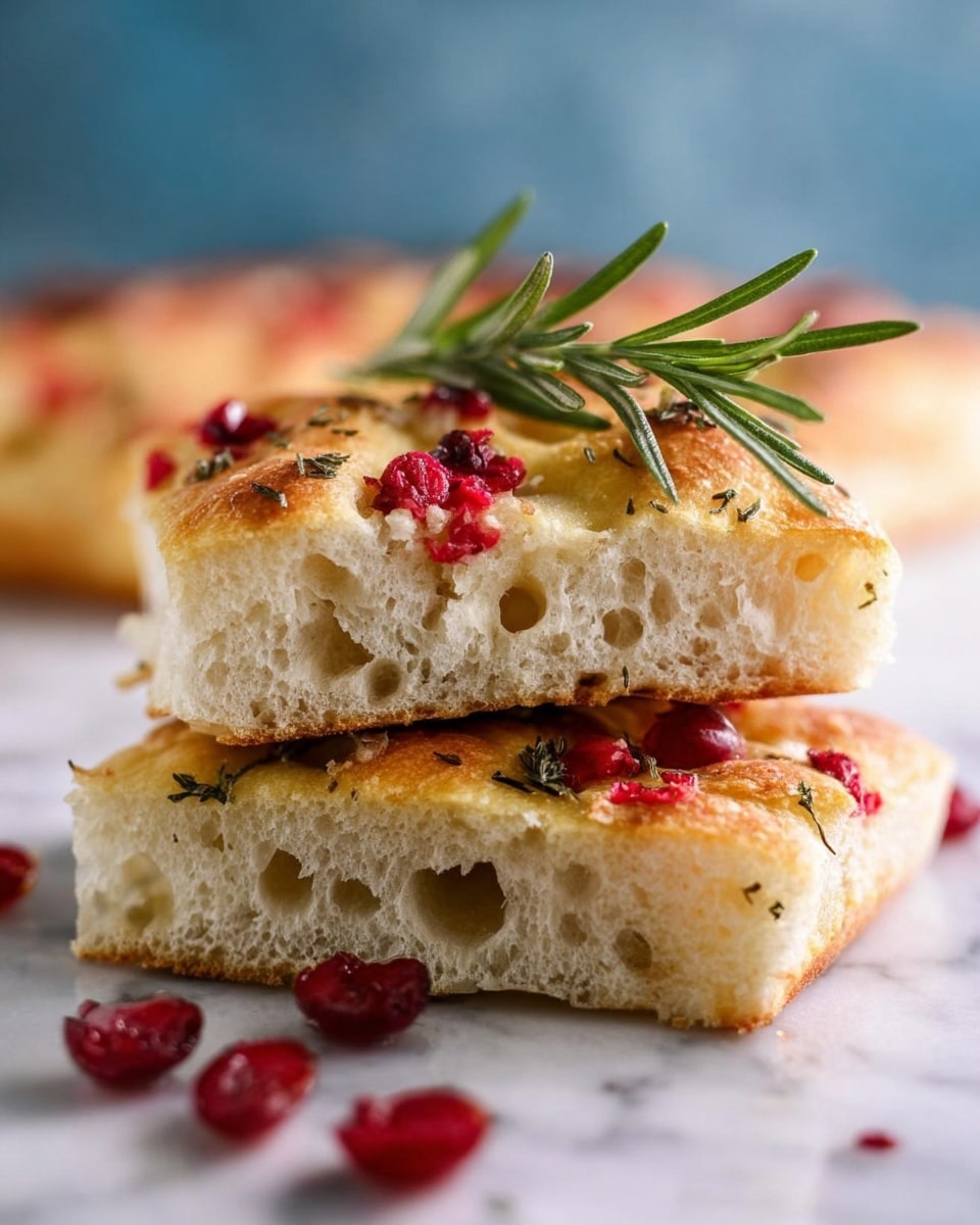 The image shows two pieces of focaccia bread stacked on top of each other on a white marbled surface. The bread has a light golden-brown crust with visible air holes inside, giving it a soft and airy texture. The top surface of the bread is sprinkled with small red cranberries and herbs, and a sprig of green rosemary stands upright behind the stacked pieces. Around the bread, there are several loose red cranberries scattered on the white marbled surface. The background is softly blurred with a white marbled texture. photo taken with an iphone --ar 4:5 --v 7