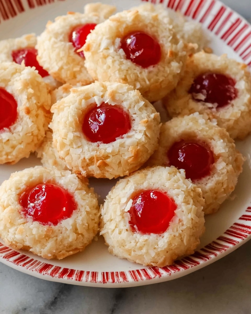The image shows a white plate with red stripes around the edge, holding about eight small round cookies. Each cookie has three main layers: the base is pale golden and textured with shredded coconut around the edges; the center holds a bright, shiny red cherry. The cookies are close together on the plate, and the plate sits on a white marbled surface. The cookies appear soft with a rough coconut texture and a smooth glossy cherry in the middle. Photo taken with an iphone --ar 4:5 --v 7