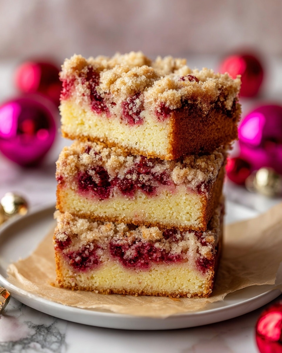 A rectangular crumb cake sits on a white plate, placed on a white marbled surface with red and silver ornaments nearby. The cake has three clear layers: the bottom is a golden yellow soft cake, the middle is filled with bright red berry pieces spread throughout, and the top layer is thick, crumbly, and golden brown, with a drizzle of white icing scattered unevenly across it. The crumb topping looks rough and chunky, adding texture contrast to the soft cake and juicy berries beneath. photo taken with an iphone --ar 4:5 --v 7