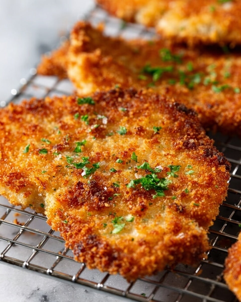 The image shows two pieces of golden brown crispy fried cutlets placed on a wooden board with a white marbled texture underneath. Each cutlet is sliced into thin strips, revealing a light interior beneath the crunchy, textured coating. Small green parsley pieces are scattered on top of the cutlets and around the board, adding pops of fresh color. The focus is close-up, showing the crunchy texture and juicy interior clearly. Photo taken with an iphone --ar 4:5 --v 7