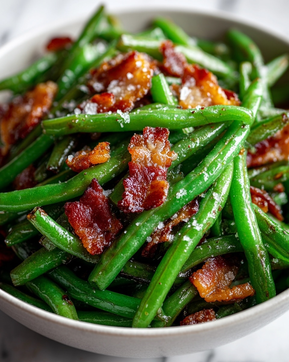 The image shows a white rectangular baking dish filled with a green bean casserole. The base layer is vibrant green beans, cooked but still firm, laying lengthwise within the dish. On top, there are many small, shiny, reddish-brown caramelized onion pieces scattered throughout. Above the onions, there are several crispy, golden-brown bacon chunks evenly spread over the green beans. The edges of the dish also have some caramelized sauce, giving a rich, glossy look. The whole dish sits on a surface with a white marbled texture. photo taken with an iphone --ar 4:5 --v 7