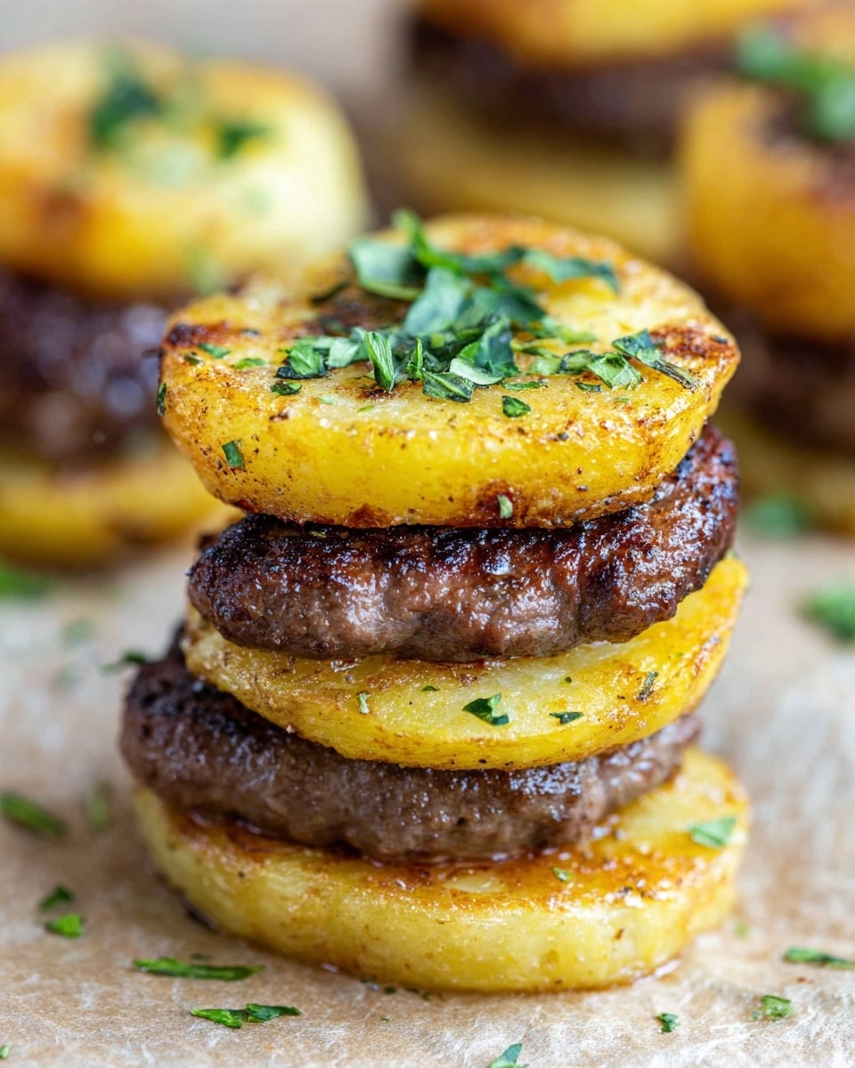 The image shows multiple stacks of three layers each, arranged neatly on a white marbled surface. Each stack starts with a round, golden-brown, crispy potato slice at the bottom, followed by a small piece of cooked dark brown meat in the middle, and topped with another round, golden-brown potato slice. Each stack is garnished with finely chopped green herbs on top. The stacks have a rustic, slightly uneven look, highlighting their homemade style. photo taken with an iphone --ar 4:5 --v 7
