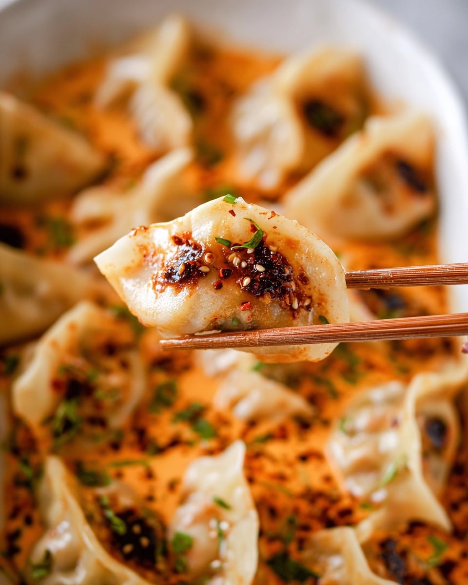 The image shows a close-up of a dish with many dumplings in a creamy orange sauce. There are about three rows of dumplings, each piece folded and filled, with some dark red chili oil and seeds on top. Fresh green herbs are scattered over the dumplings and sauce, adding a bright contrast. The sauce looks thick and smooth, covering the dumplings partially, with some thicker spots of red chili oil on the surface. The dish is served on a white marbled texture background. photo taken with an iphone --ar 4:5 --v 7