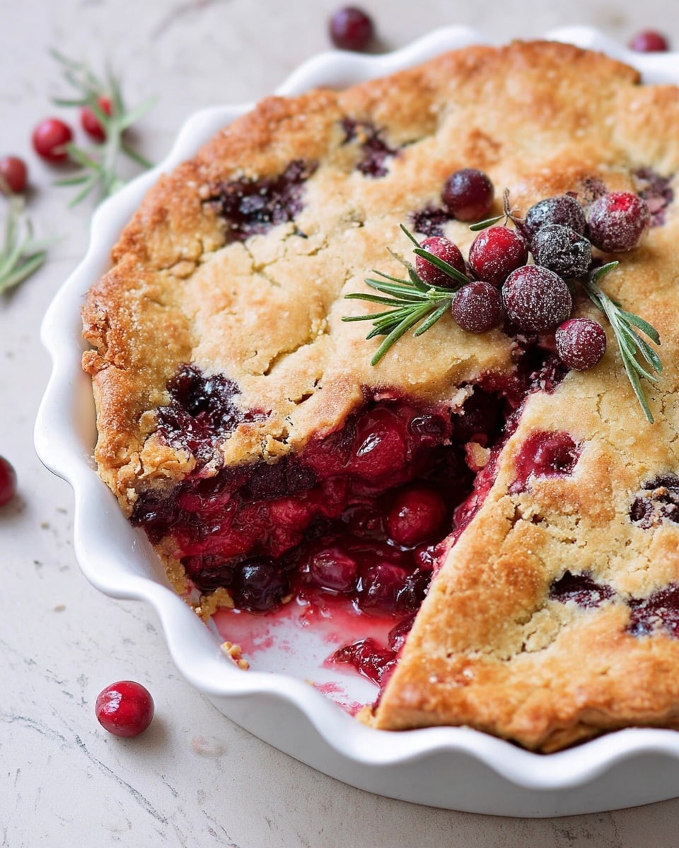 A round pie with a golden brown crust sits in a white scalloped-edge dish. The pie has one slice removed, showing a thick, deep red fruit filling with visible whole berries inside. The top crust is uneven with some cracks and embedded berries, giving a rustic look. On top, near the open slice, there are fresh dark red berries and a small green rosemary sprig as garnish. The white marbled surface beneath adds clean contrast to the warm colors of the pie. Photo taken with an iphone --ar 4:5 --v 7