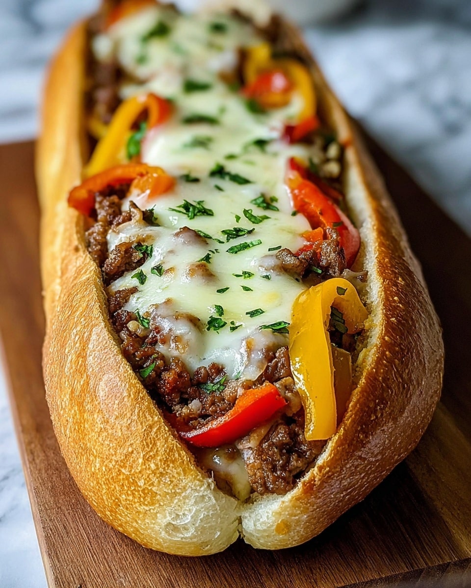 A sandwich made with a long, crusty golden-brown baguette as the base, hollowed in the middle to hold the filling. The first visible layer inside is browned ground meat scattered evenly. On top of the meat are cooked slices of red and yellow bell peppers adding bright colors. The top layer is melted, creamy white cheese that covers the meat and peppers, creating a smooth texture with some stretch. Finally, small green herb pieces are sprinkled over everything for a fresh look. The sandwich is placed on a wooden board with a white marbled surface faintly visible behind it. Photo taken with an iphone --ar 4:5 --v 7