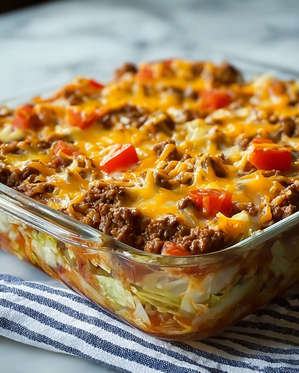 A glass baking dish filled with a layered casserole placed on a white marbled surface. The bottom layer is chunks of cooked cabbage with a rough, soft texture in light green and white. On top, there is a thick layer of ground meat, dark brown and finely crumbled. Over the meat, more cabbage pieces are scattered, topped with bright orange-red tomato chunks. The whole dish is covered with melted cheese that is golden yellow and creamy in texture, stretching over the other layers. The sides of the glass dish show some sauce stains, emphasizing a baked, warm meal. photo taken with an iphone --ar 4:5 --v 7