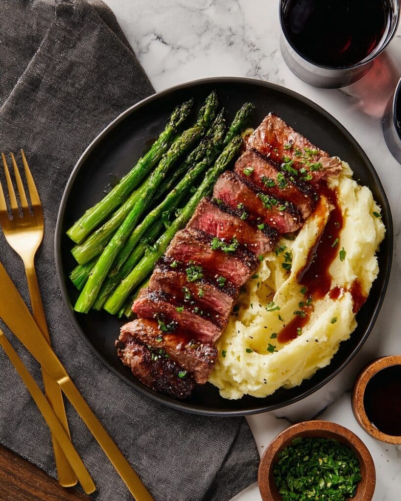 Bavette Steak with Roasted Garlic Pan Sauce, Mashed Potatoes, and Asparagus Recipe