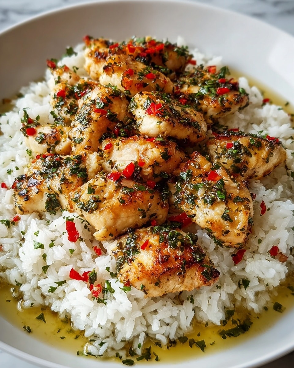This image shows a white plate with a layer of white cooked rice spread at the bottom, soft and slightly shiny. On top of the rice, there are many pieces of golden brown cooked chicken with a crispy texture. The chicken pieces are sprinkled with green herbs and small red bits, almost like chili flakes. Around the rice and chicken, there is a light greenish-yellow sauce with herb pieces floating inside. The background is a white marbled texture. photo taken with an iphone --ar 4:5 --v 7