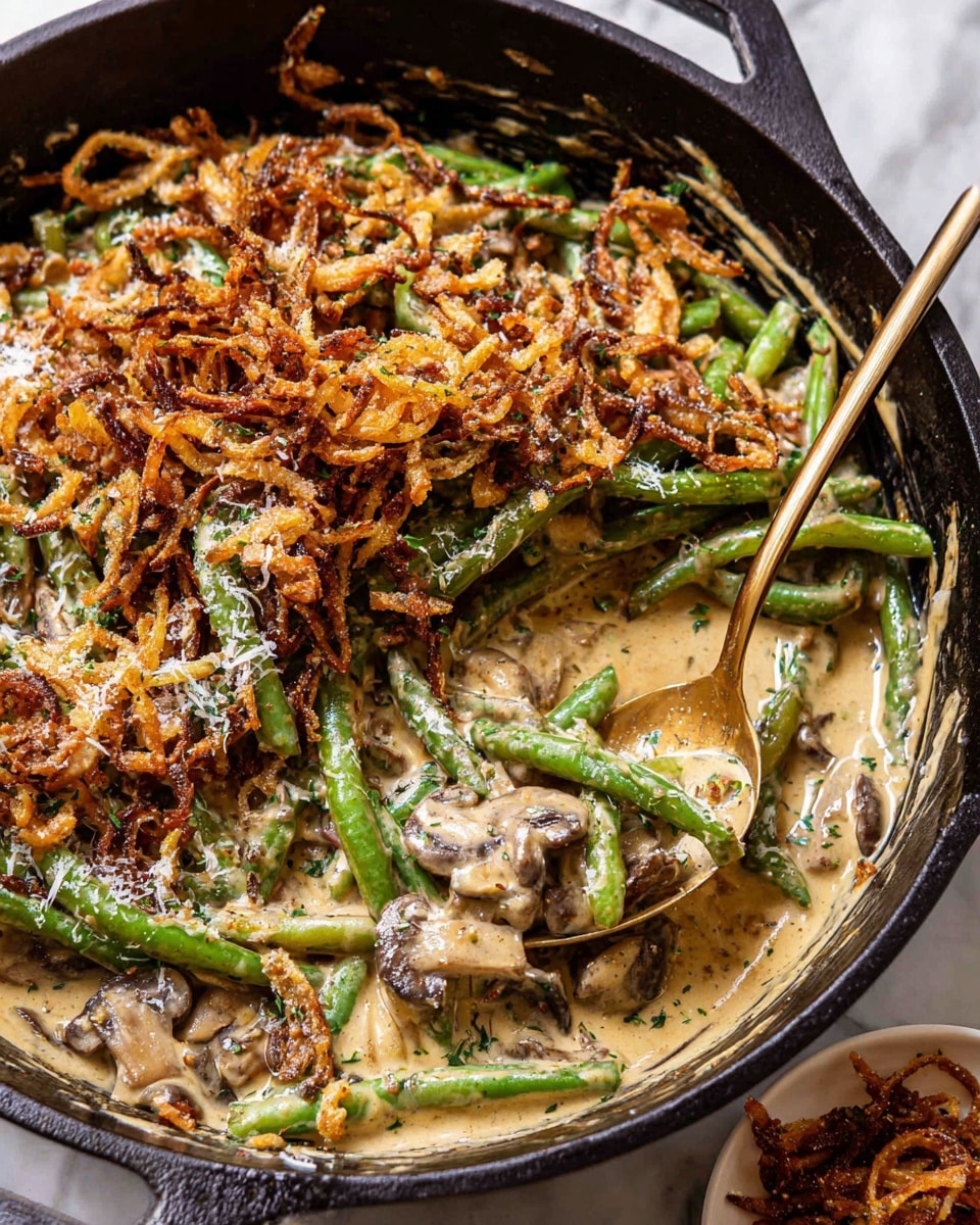 A dish on a white speckled plate features green beans as the base layer, laying lengthwise and slightly overlapped. On top, there are light brown mushroom slices mixed evenly with the green beans. A creamy beige sauce is drizzled over the vegetables, covering most of them with a smooth texture. Crispy dark brown fried onion strips are scattered on top, adding crunch. Lastly, finely grated white cheese is sprinkled all over, providing a light snowy finish. A gold fork lies across the bottom left of the plate. The scene is set on a white marbled surface with some scattered crispy onions nearby. Photo taken with an iphone --ar 4:5 --v 7