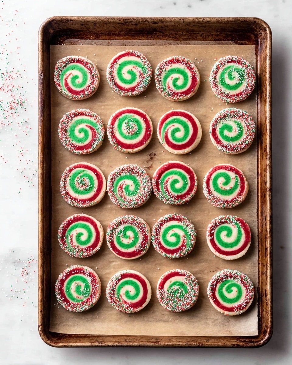 The image shows a baking tray lined with brown parchment paper, holding 24 round pinwheel cookies arranged in six rows of four. Each cookie has three visible swirl layers: an inner bright green spiral, surrounded by a white layer, and an outer red layer. The edges of the cookies are coated with small candy sprinkles in red, white, and green colors that add texture and festivity. The tray rests on a white marbled surface, and there are some scattered sprinkles around the tray. Photo taken with an iphone --ar 4:5 --v 7