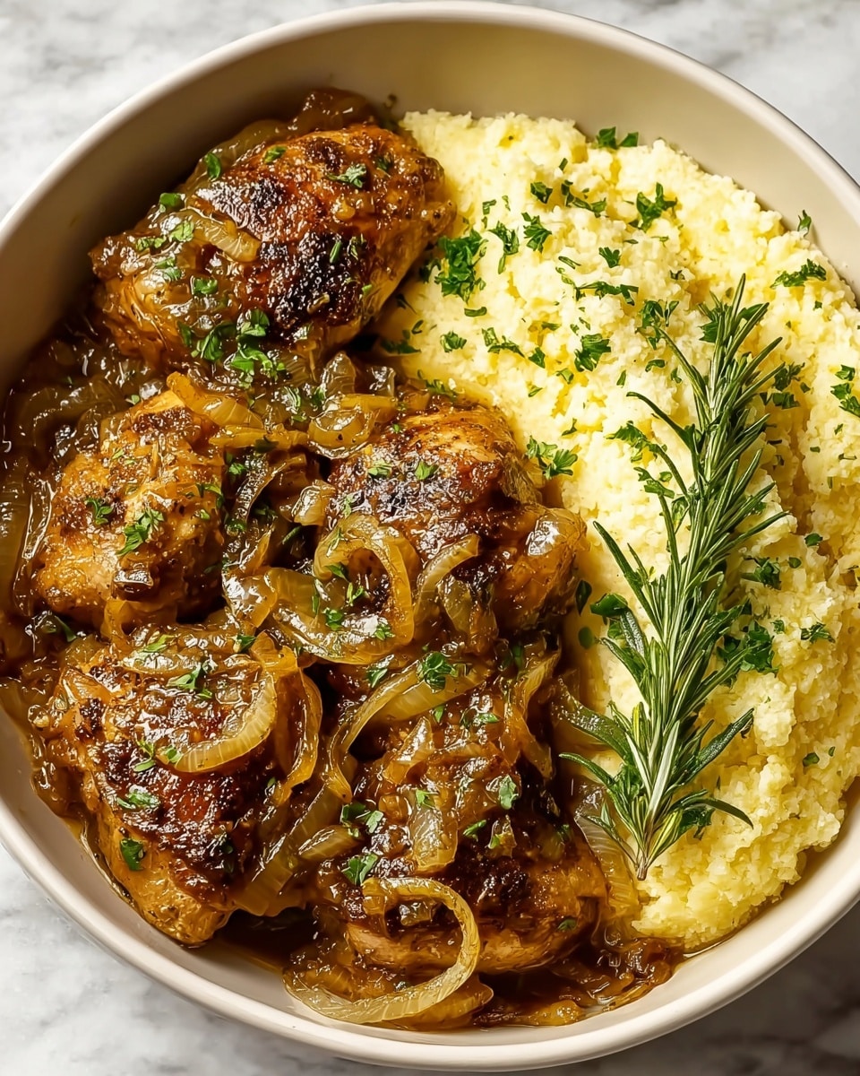 A white bowl holds three golden brown chicken thighs with a crispy texture, topped with soft, sautéed onions that are light brown and slightly shiny. The chicken and onions cover most of the bowl except the right side, where a layer of fluffy, pale yellow rice with finely chopped green herbs sits. A wooden spoon rests on the top right edge, touching the chicken and rice. The bowl is placed on a white marbled surface. photo taken with an iphone --ar 4:5 --v 7