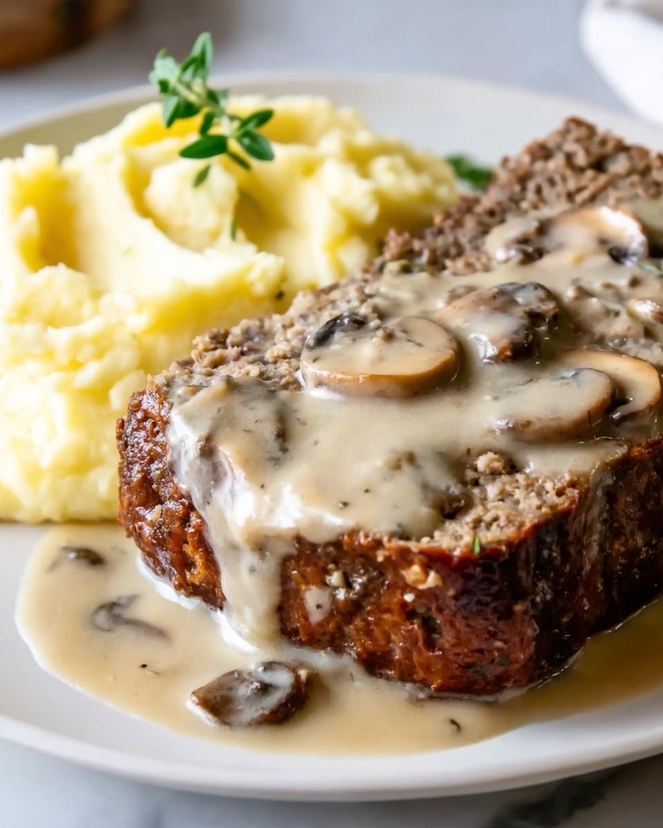 A close-up view of a thick slice of meatloaf covered with creamy mushroom gravy that drips down the sides, showing visible mushroom pieces in the sauce. The meatloaf has a browned, textured crust and a dense interior. To the left, a smooth mound of yellow mashed potatoes fills part of a white plate, resting on a white marbled surface. A small sprig of green herbs is placed near the top edge of the meatloaf. The lighting highlights the moistness of the gravy and the softness of the mashed potatoes, photo taken with an iphone --ar 4:5 --v 7
