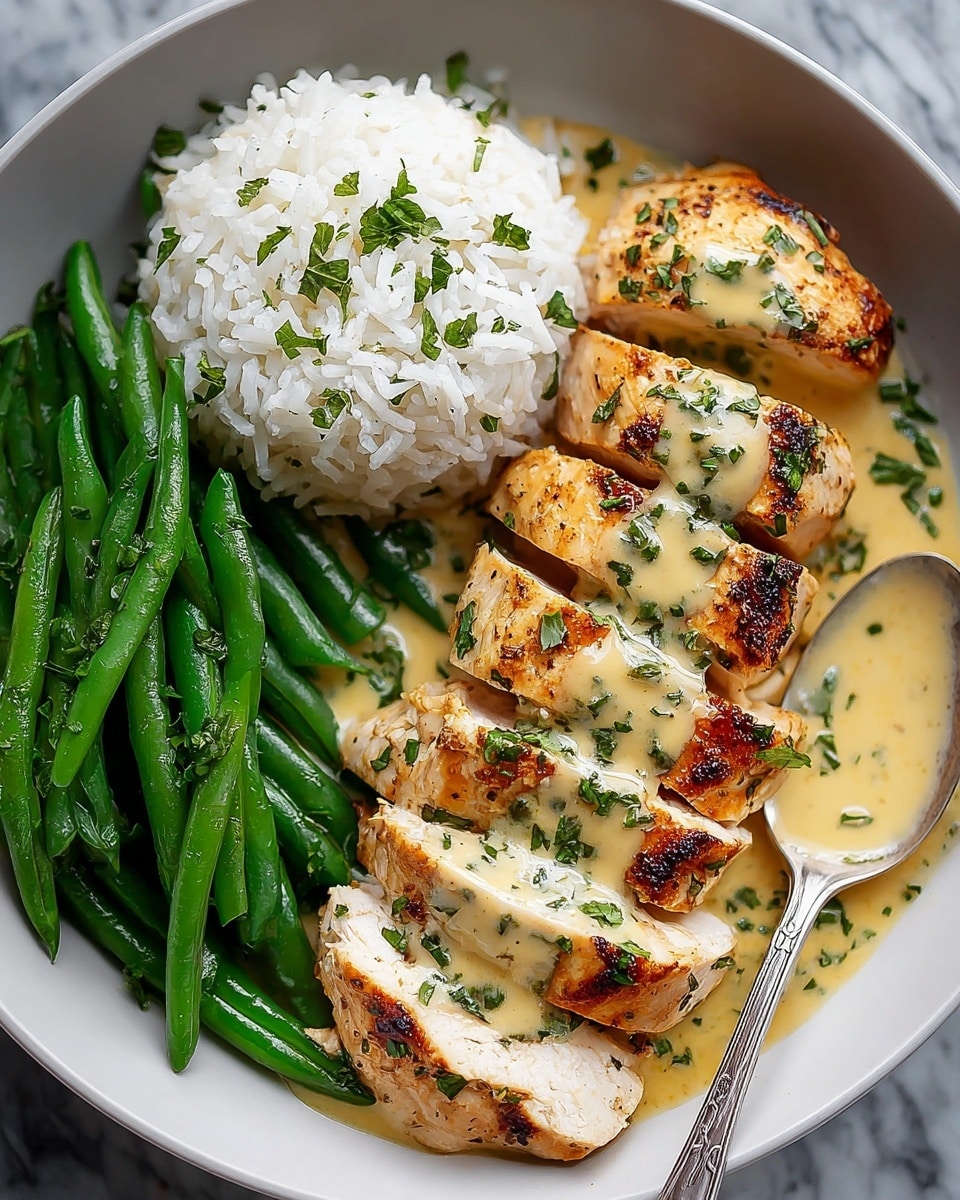 Creamy Herb Chicken with Green Beans & Steamed Rice Recipe - Recipe Image