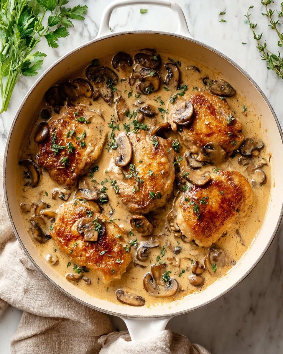 The image shows two browned chicken pieces partially covered by an even layer of creamy light beige mushroom sauce with visible sliced brown mushrooms scattered on top and around. The sauce has small black pepper dots and green herb leaves sprinkled over it. The chicken pieces have a crisp, golden brown surface with a slightly rough texture. All of this is inside a white pan with a small part of its handle visible. The background is a white marbled texture photo taken with an iphone --ar 4:5 --v 7