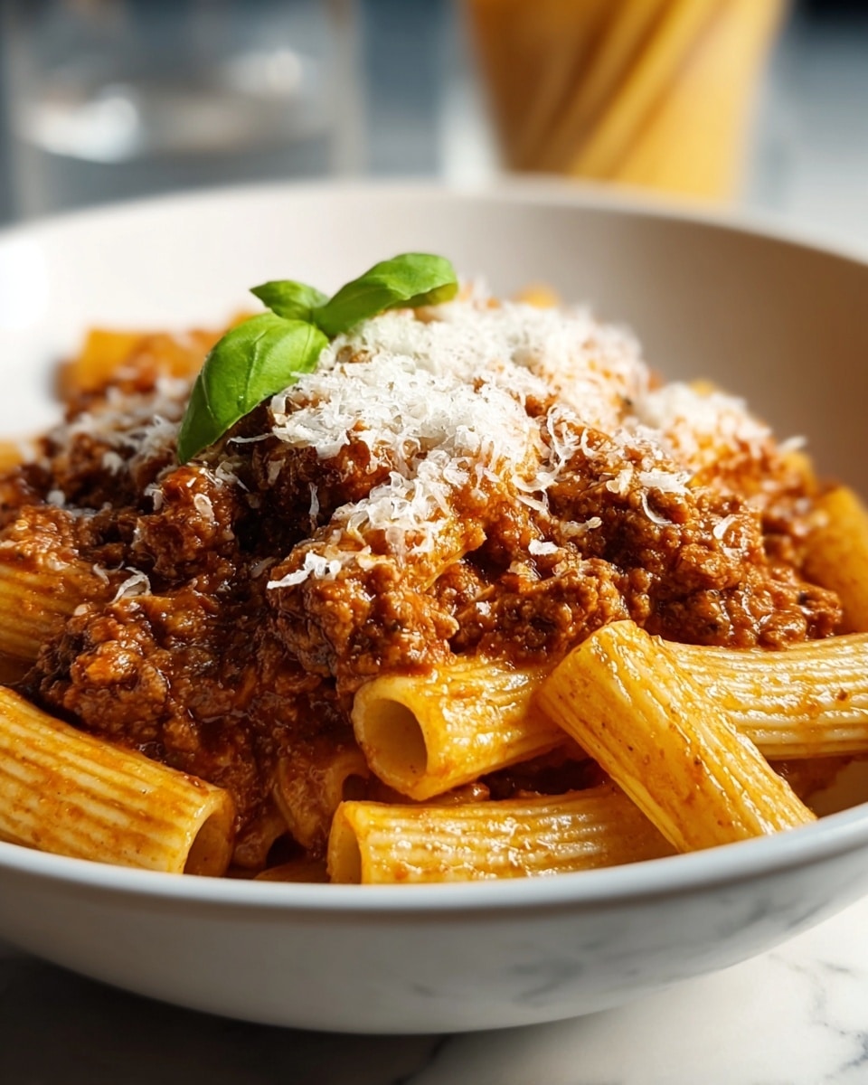 A bowl filled with rigatoni pasta, each piece yellow and tube-shaped, mixed with a thick layer of chunky brown meat sauce that covers most of the pasta. The top is sprinkled with shredded white cheese, adding a light texture contrast, and finished with a small bunch of fresh green basil leaves right in the center. The bowl is white, sitting on a white marbled surface, and in the blurred background, yellow pasta and green herbs can be seen. Photo taken with an iphone --ar 4:5 --v 7
