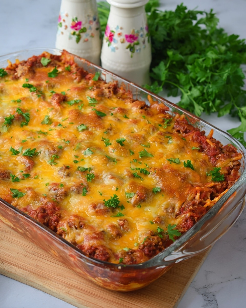 A clear glass baking dish filled with a baked lasagna showing three main layers: a bottom layer of slightly browned pasta sheets, a thick middle layer with a chunky red tomato sauce mixed with browned ground meat, and a top layer rich with melted yellow and white cheese that is bubbly and golden in parts, sprinkled with small, chopped green parsley. The dish is set on a light-colored wooden board with fresh green parsley in the blurred background over a white marbled texture. photo taken with an iphone --ar 4:5 --v 7