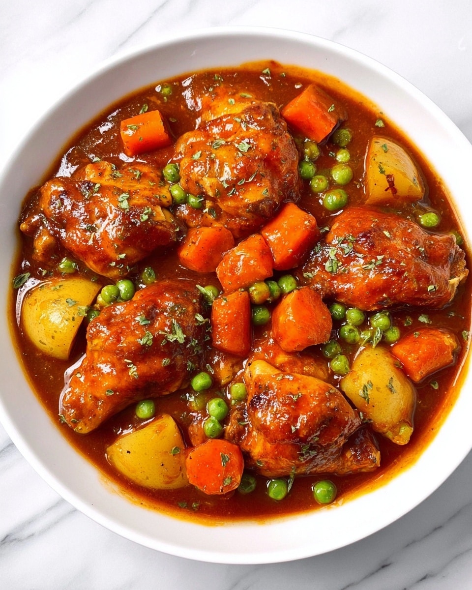 A white bowl filled with a rich brown sauce covered with five pieces of cooked chicken, orange carrot chunks, green peas, and golden potato pieces. The sauce looks thick and shiny, coating all the ingredients well, with the chicken pieces spread evenly on top. The bowl sits on a white marbled surface. photo taken with an iphone --ar 4:5 --v 7