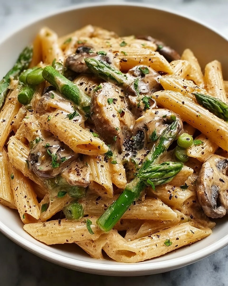 Creamy Mushroom and Asparagus Chicken Penne Recipe - Recipe Image