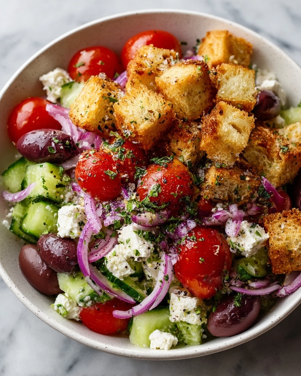 Feta, Tomato & Olive Salad with Garlicky Croutons Recipe - Recipe Image