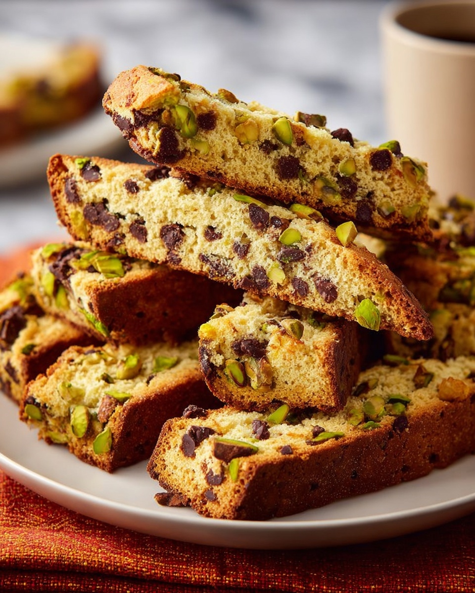 There are five pieces of biscotti stacked on a white plate with a light beige pattern. Each biscotti has a rough texture with visible chunks of dark brown chocolate and small green pistachio pieces inside. The biscotti has a golden brown crust and a light yellow interior, showing the chocolate and pistachio pieces evenly spread throughout. The plate is on an orange cloth with green and red stripes, and the background shows a soft blurred brown wooden surface. Photo taken with an iphone --ar 4:5 --v 7