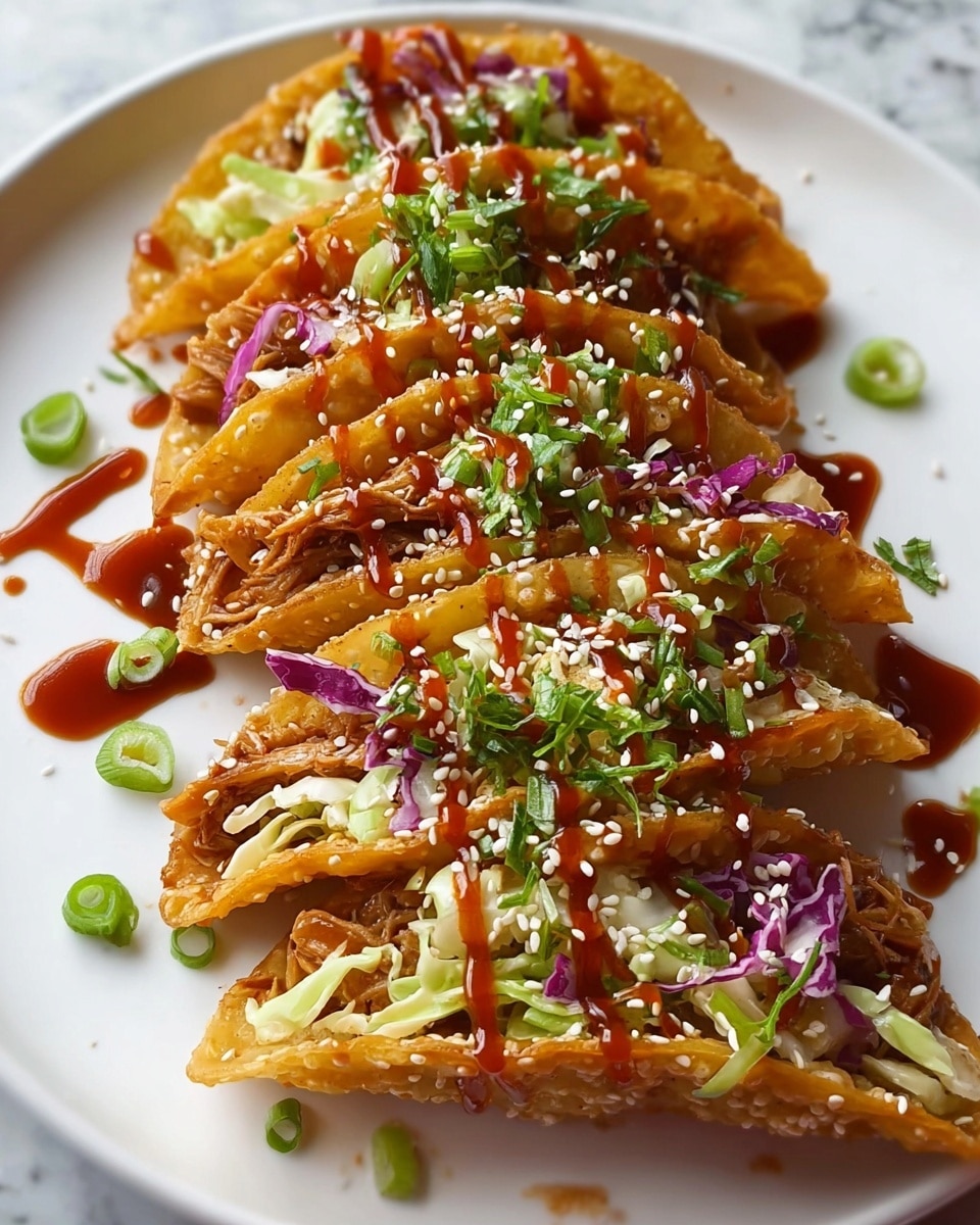 Three crispy golden taco shells shaped like small boats sit on a white plate on a white marbled surface. Each shell is filled with a layer of browned cooked meat, topped with a colorful mix of shredded cabbage, green herbs, thin carrot strips, and green onion pieces. A shiny dark brown sauce is drizzled over the fillings, dripping slightly onto the plate, and white sesame seeds sprinkle the tacos and plate. Bright green herbs add fresh color on top. photo taken with an iphone --ar 4:5 --v 7