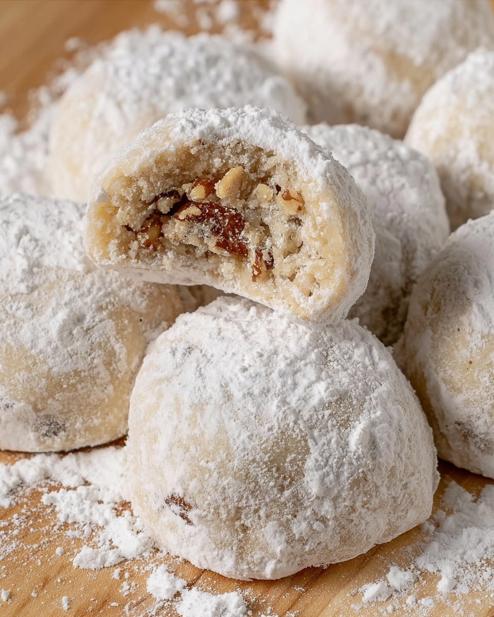 A light wooden round plate holds a pile of about fifteen small round cookies, each covered in a dusting of white powdered sugar giving a soft, powdery texture. The cookies are pale beige under the sugar, and they form a small mound in the center of the plate. To the upper right is a white bowl full of whole pecans, their rich brown shells contrasting with the powdered cookies. The scene is set on a white marbled surface with winter green pine sprigs and small white flowers scattered around, along with a white textured cloth partially visible on the left side of the image. Photo taken with an iphone --ar 4:5 --v 7