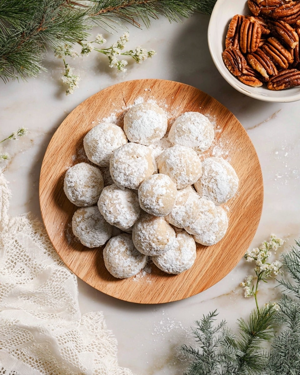 The image shows several round cookies covered in a thick layer of white powdered sugar. Each cookie has a light beige color beneath the sugar and a soft, crumbly texture. One cookie is broken in half, revealing a filling with chopped nuts inside, which are brown and slightly crunchy-looking. The cookies rest on a light wooden surface. photo taken with an iphone --ar 4:5 --v 7