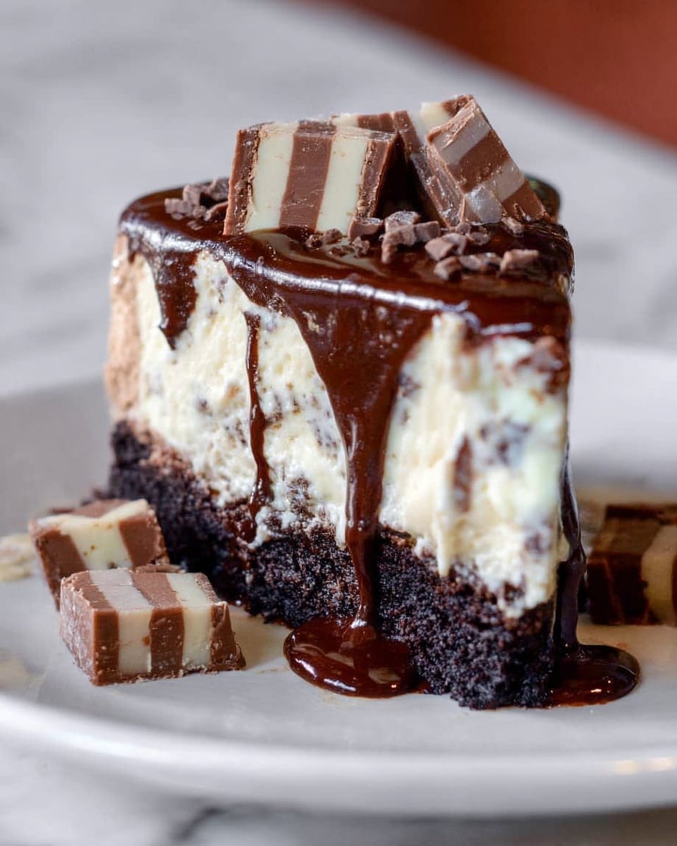 The image shows a round dessert with three layers on a white plate placed on a white marbled surface. The bottom layer is dark and crumbly like crushed cookies. The middle layer is thick, creamy, and pale with small dark specks mixed in. The top layer is covered with a shiny dark chocolate sauce that drips down the sides. On top, there are chunks of a candy bar scattered evenly. Next to the dessert, there is a sprig of fresh green mint leaves. Photo taken with an iphone --ar 4:5 --v 7