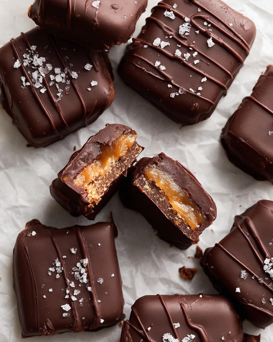 The image shows several square-shaped treats covered in smooth, dark chocolate with a slightly glossy finish. Each treat has a drizzle of extra chocolate on top, creating wavy lines and small droplets. There are light crystals of sea salt scattered on the top surface of the treats, adding texture and contrast. One treat near the bottom of the image has a bite taken out, revealing a lighter orange filling inside. The treats are resting on white parchment paper, which lies on a white marbled surface. Photo taken with an iphone --ar 4:5 --v 7