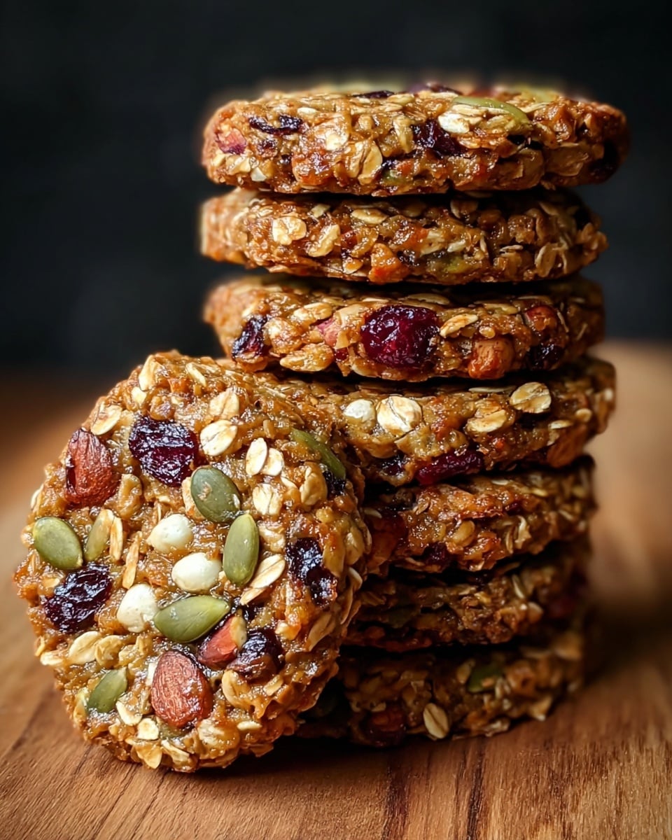 A stack of four round oatmeal cookies is shown closely. Each cookie has a rough texture with visible oats, pumpkin seeds, almond slices, and bright red dried cranberries spread evenly on top and embedded within. The cookies have a golden brown color, and their edges look slightly crisp but soft inside. The background is blurred with similar cookies, all set on a white marbled surface. photo taken with an iphone --ar 4:5 --v 7