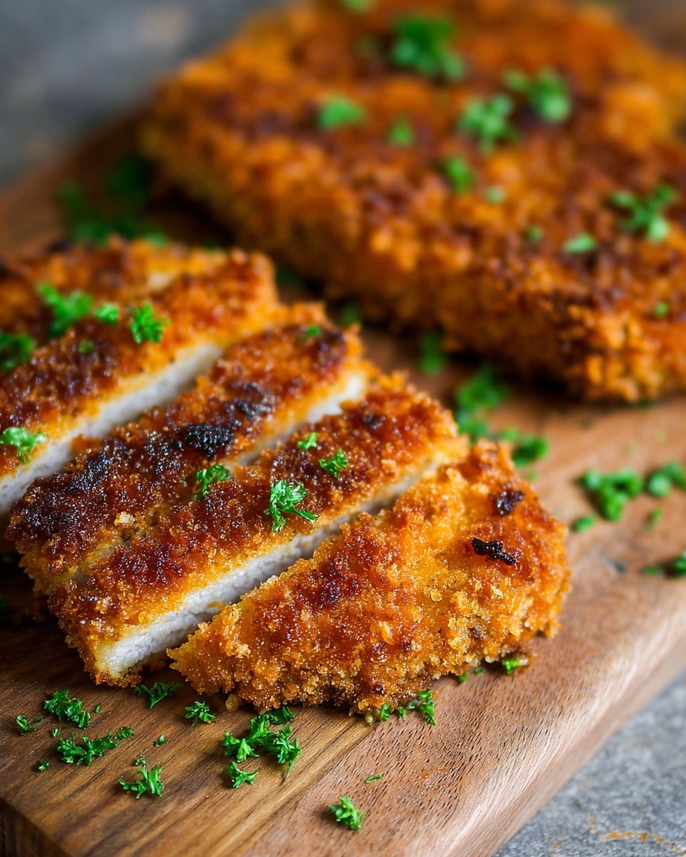 The image shows a close-up of three golden-brown crispy breaded pieces placed on a wire cooling rack over a white marbled surface. Each piece has a crunchy texture with small browned spots and is sprinkled lightly with fresh green parsley bits. The lighting highlights the crunchy crumb coating and the even cook on the pieces, giving a warm, inviting look. The focus is sharp on the middle piece, showing fine details of the crumbs and a few small herbs scattered nearby. photo taken with an iphone --ar 4:5 --v 7