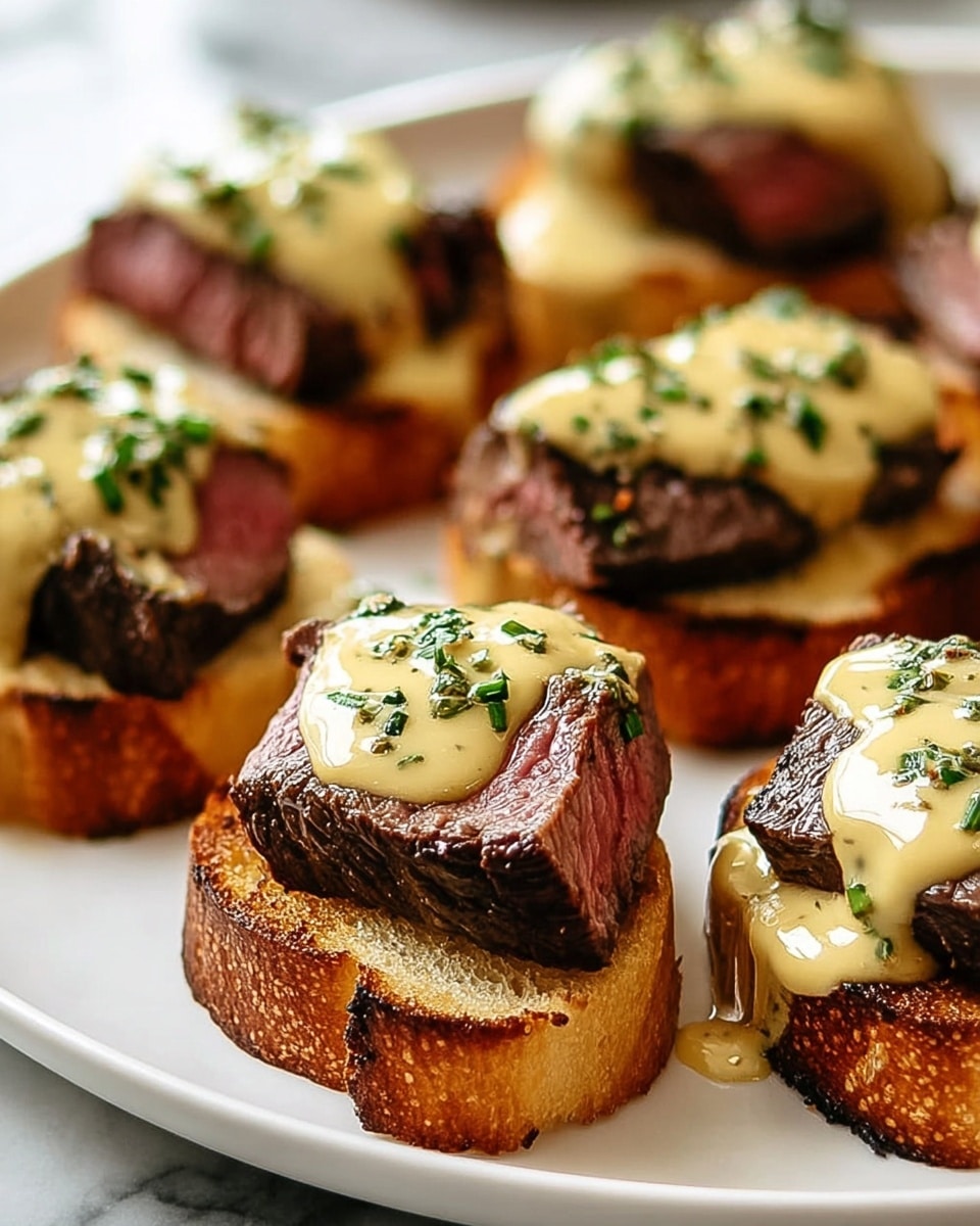 On a white plate, there are many small stacked appetizers. Each stack has three layers: the bottom layer is a round piece of toasted bread with a golden-brown crust and soft inside. The middle layer is a thick, cooked piece of dark brown meat with a slightly pink center. The top layer is thick, creamy, light yellow sauce drizzled over the meat, with small green herb leaves and tiny black pepper flakes sprinkled on top. The plate sits on a white marbled surface. photo taken with an iphone --ar 4:5 --v 7