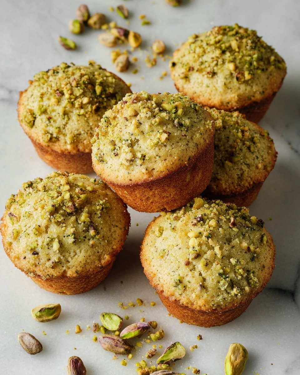 A close-up view of two round pistachio cookies with a rough, crumbly texture and visible bits of green pistachio nuts spread throughout. The cookies have a light golden-brown color with small darker specks, placed on a white marbled surface scattered with whole and open pistachio shells. Photo taken with an iphone --ar 4:5 --v 7