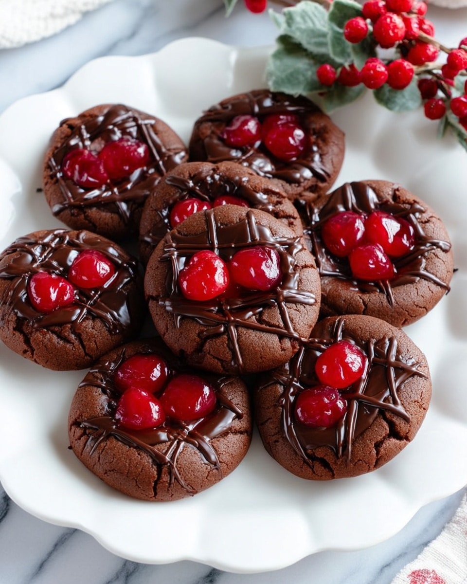Seven round chocolate cookies are placed closely together on a white plate with a scalloped edge, each cookie showing a rich, dark brown color and a slightly cracked texture. On top of each cookie, there are two or three bright red glossy cherries embedded in the center, surrounded by thick, shiny chocolate drizzle forming a crosshatch pattern. The plate is set on a white marbled surface, and in the upper right corner of the image, there is a small bunch of red berries with green leaves adding a festive touch. The lighting is soft and natural, highlighting the glossiness of the cherries and chocolate drizzles photo taken with an iphone --ar 4:5 --v 7