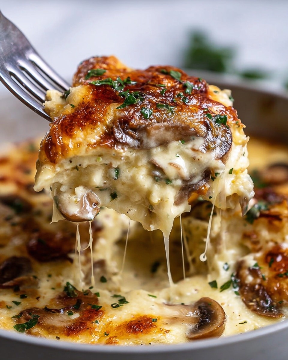 The image shows a close-up of a piece of food being lifted with a fork. The food has three visible layers: the bottom layer is creamy and light yellow, with small bits of herbs; the middle layer contains soft mushrooms mixed into melted cheese that looks stretchy and smooth; the top layer is browned cheese with a golden, slightly crispy texture sprinkled with green chopped herbs. The background is out of focus and the dish sits on a white marbled surface. photo taken with an iphone --ar 4:5 --v 7