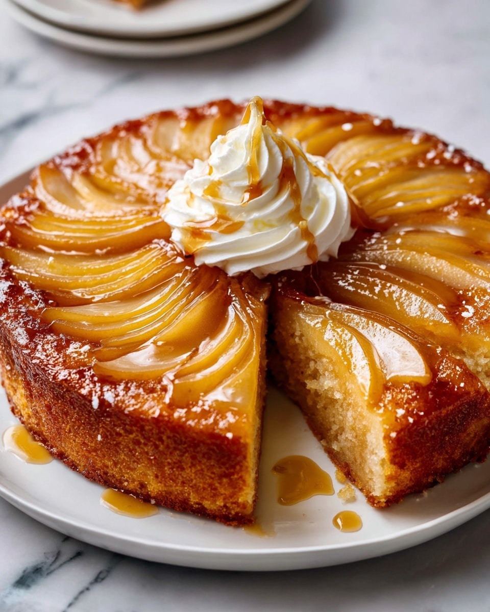 A round caramelized cake sits on a white plate over a white marbled surface. The cake has a golden-brown top with thin, curved slices of pear arranged in a circular pattern on the surface, creating soft wing-like shapes. The cake edges are slightly darker and crispy. Two white swirls of whipped cream sit in the middle of the cake, drizzled with light caramel sauce that also pools slightly around the cake on the plate. The texture of the cake looks moist and soft beneath the glossy caramelized pear topping. Photo taken with an iphone --ar 4:5 --v 7