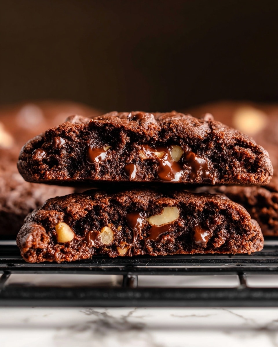The image shows two layers of a rich chocolate cookie stacked on a black grid rack. The cookie's outer parts are dark brown with a slightly rough texture. Inside, the cookie reveals a moist, dense dark brown crumb with shiny melted dark chocolate spots and pieces of light brown nuts unevenly spread throughout. The background is dark and blurred, with the black rack resting on a white marbled surface. photo taken with an iphone --ar 4:5 --v 7