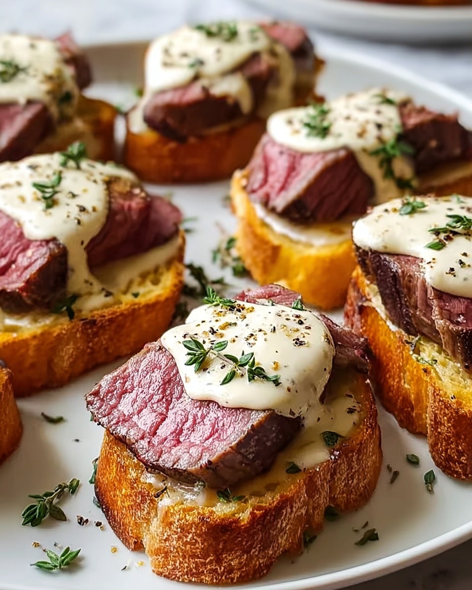 The image shows several small appetizers on a white plate placed on a white marbled surface. Each appetizer has three layers: the bottom layer is toasted bread with a golden-brown, slightly charred crust; the middle layer is a thick, juicy slice of beef steak with a dark brown seared outside and a pink, tender inside; the top layer is a dollop of creamy, light beige sauce sprinkled with small green herb bits and black pepper. The sauce drips slightly down the sides of the steak and bread, adding a rich texture to the dish. Small green herb leaves are scattered around the plate for decoration. Photo taken with an iphone --ar 4:5 --v 7