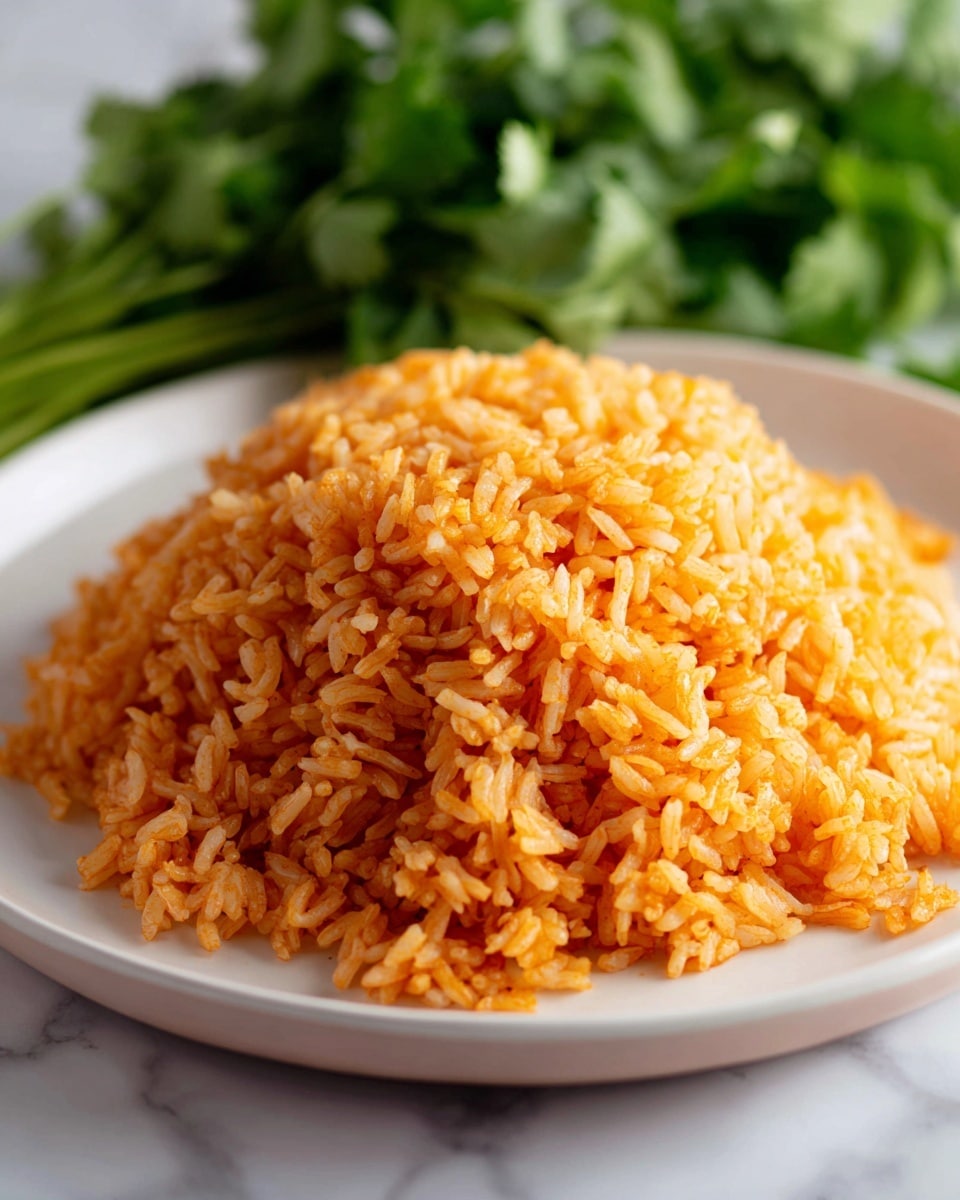 A plate with a large mound of orange-colored rice sitting on a white plate, the rice looks fluffy and each grain is separate, showing some texture with slight shine from oil or moisture; in the background, there are green leafy herbs blurred out, resting on a white marbled surface. photo taken with an iphone --ar 4:5 --v 7