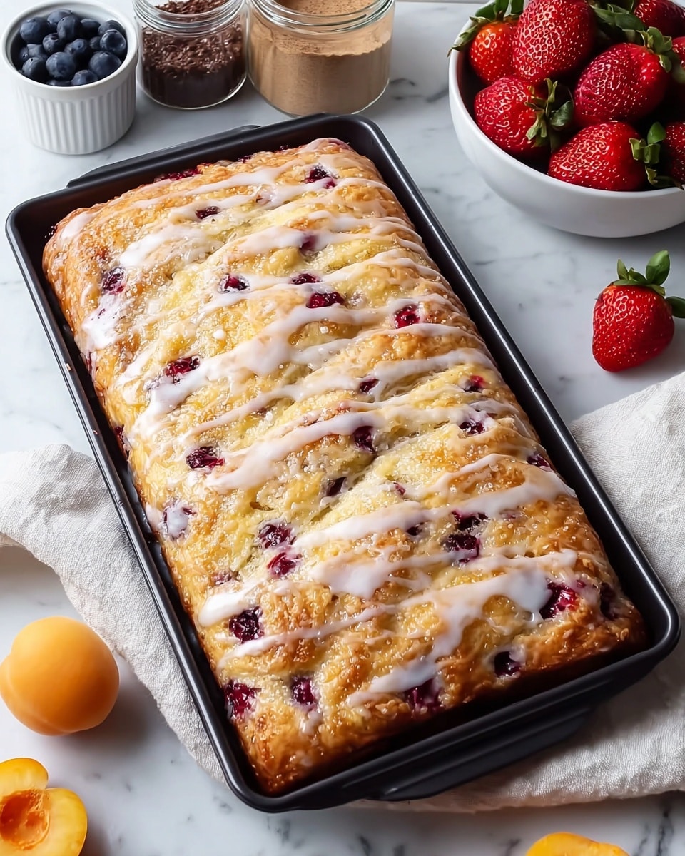 A rectangular baked pastry sits in a black baking tray with a glossy white icing glaze drizzled unevenly on top, showing a crisp golden-brown crust underneath. The pastry has visible bright red berries scattered throughout, slightly sunken into the dough, adding pops of color amidst the light golden, flaky surface. The tray is placed on a white marbled surface, surrounded by fresh fruits like strawberries in a white bowl, an apricot, blueberries, and blackberries, along with two small jars of brown sugar and chocolate sprinkles in the background. A white cloth is loosely placed next to the tray. Photo taken with an iphone --ar 4:5 --v 7