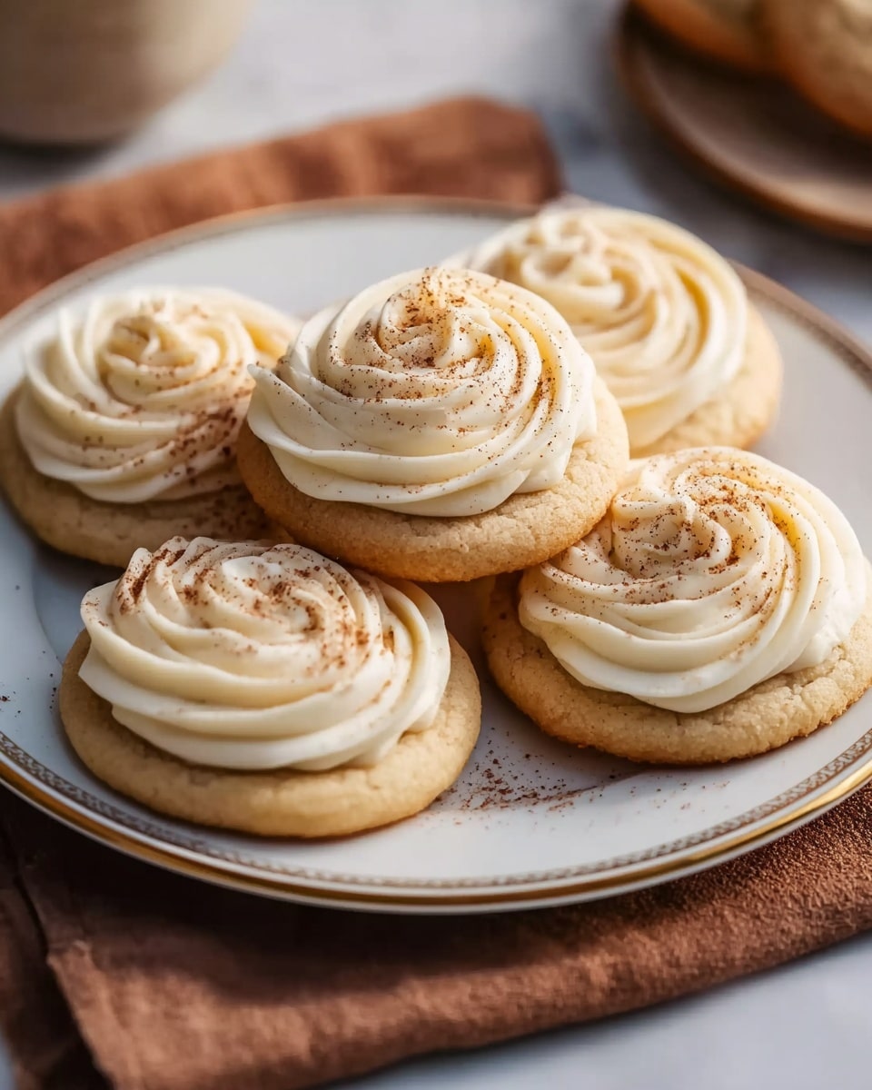 The image shows a close-up of three soft cookies stacked closely on a white marbled surface. Each cookie has one layer of light golden brown dough and is topped with one thick swirl of creamy white frosting with a smooth texture. The frosting is sprinkled lightly with fine brown powder, adding contrast to the light colors. The background is softly blurred with warm brown tones, and a woman's hand reaches towards the cookies from the left side. The photo taken with an iphone --ar 4:5 --v 7