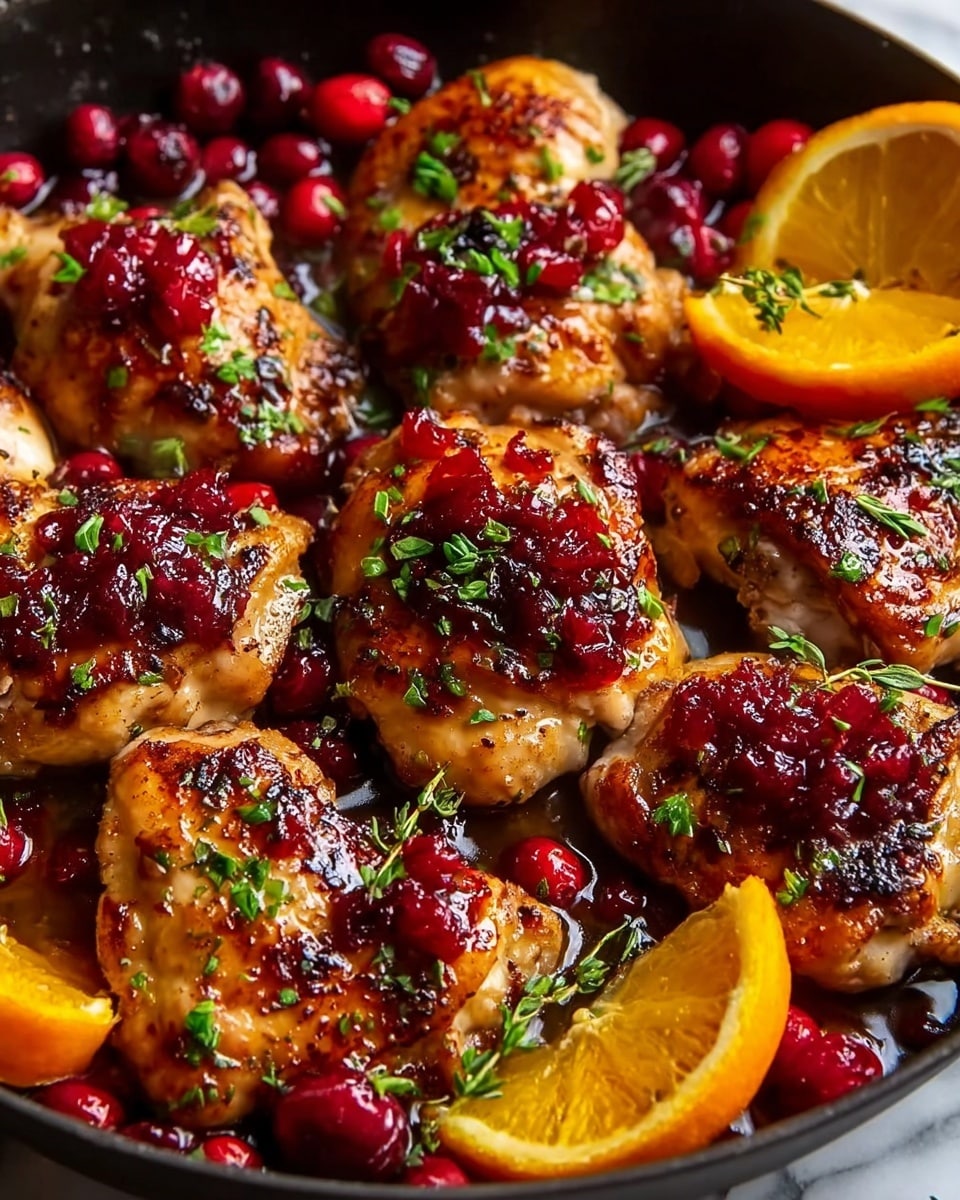 This image shows a close-up of cooked chicken thighs glazed with a shiny orange sauce, placed on a surface with a white marbled texture. The chicken pieces are golden brown with a slight crisp on the edges and are topped with small bits of dark red cranberries and finely chopped green herbs. Among the chicken pieces are bright orange slices and whole fresh cranberries, adding vibrant pops of color. The dish looks moist and juicy, with the sauce pooling slightly around the chicken. photo taken with an iphone --ar 4:5 --v 7
