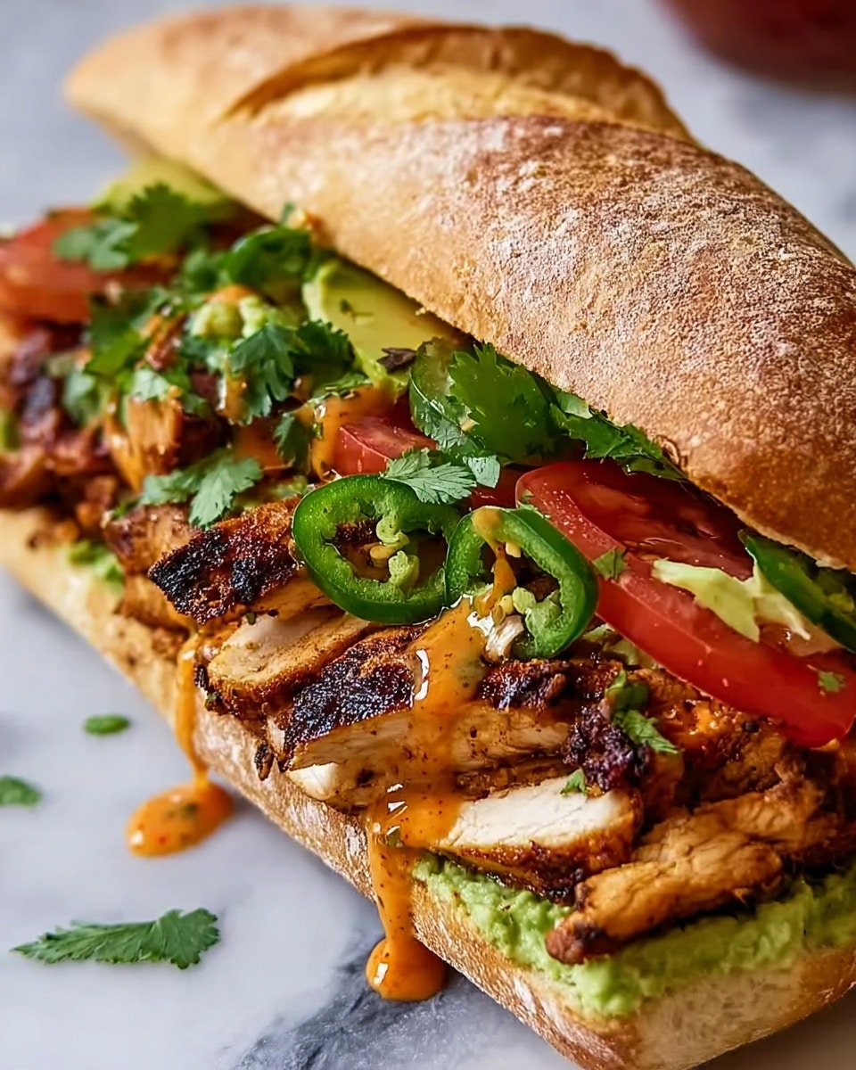 A sandwich with a golden toasted bun on top and bottom, filled with three main layers: the bottom layer has sliced grilled chicken with a light brown char and juicy texture, the middle layer contains pieces of bright green avocado and shred of fresh cilantro leaves, and the top layer shows a mix of dark red salsa with small tomato chunks and more fresh cilantro. The sandwich is held by a woman's hand and placed on a white marbled surface, with some scattered cilantro leaves around. photo taken with an iphone --ar 4:5 --v 7