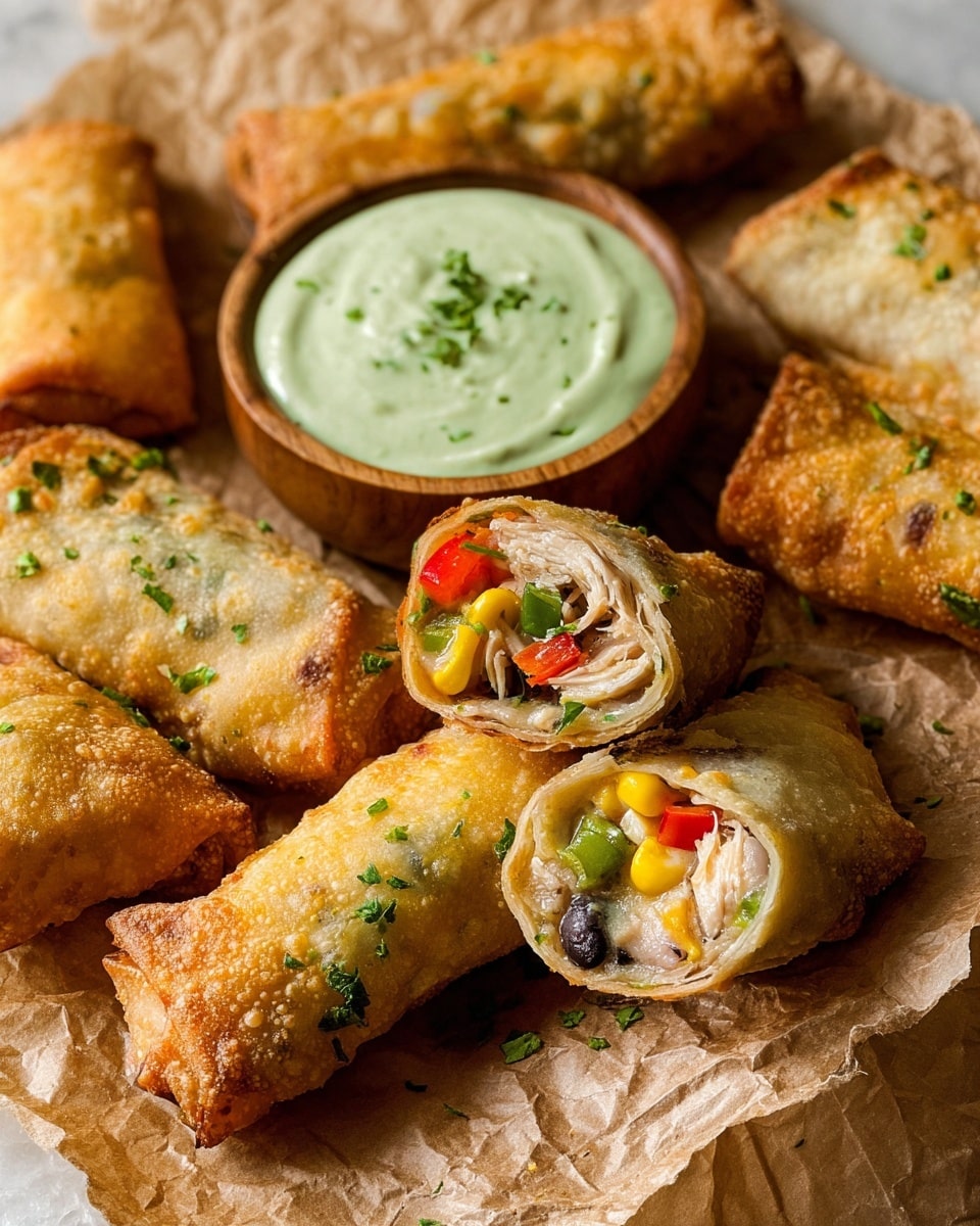 The image shows five golden brown fried rolls, some whole and some sliced to reveal colorful fillings inside, placed on crumpled brown paper over a white marbled surface. The rolls have a crispy textured outer shell with small green herb flakes sprinkled on top. Inside the sliced rolls, there are visible layers of shredded chicken, piece of red bell pepper, yellow corn kernels, black beans, and some green herbs, all nestled within the thin crispy wrap. In the center, there is a small wooden bowl filled with smooth light green creamy dip, also garnished with green herbs. The lighting highlights the crispy texture and fresh colors, giving a warm and appetizing look. photo taken with an iphone --ar 4:5 --v 7