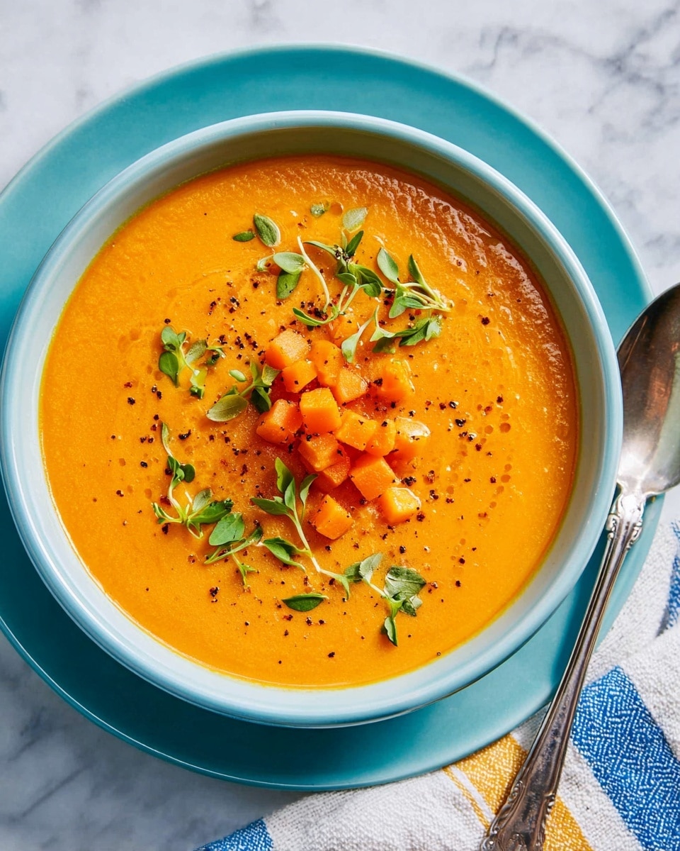 A light blue bowl filled with creamy bright orange soup is placed on a white plate, both sitting on a white marbled surface. The soup has a smooth texture with small pieces of diced orange vegetables piled in the center. Fresh green herb leaves and small black pepper flakes are sprinkled on top of the soup, adding a contrasting color and visual interest. A silver spoon rests on the plate beside the bowl, and a white cloth with blue and yellow stripes is partly visible to the right. Photo taken with an iphone --ar 4:5 --v 7